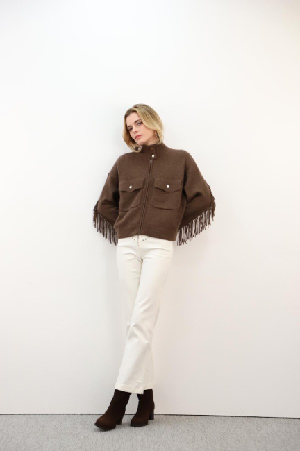 Veste col cheminé franges